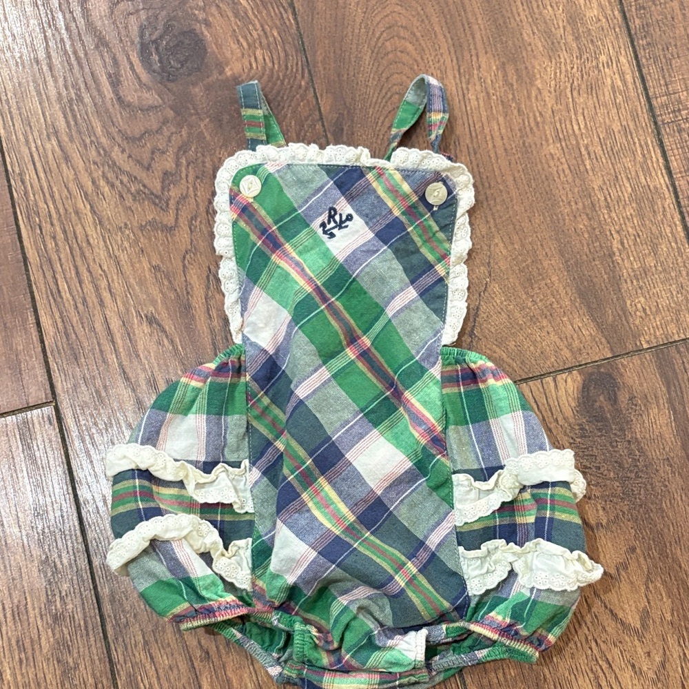 Ralph Lauren Plaid Baby Bubble Romper with Ruffle Trim 6 months